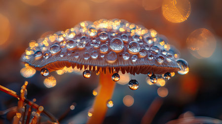 This stunning close-up image captures a mushroom adorned with glistening water droplets, set against a beautifully blurred bokeh background during sunset.の素材