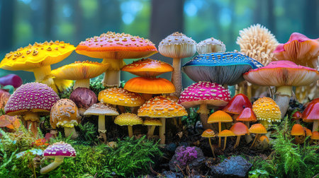 This enchanting image showcases a diverse array of colorful mushrooms thriving on lush green moss in a mystical woodland. The vibrant hues create a captivating and surreal atmosphere, perfect for nature enthusiasts and art projects alike.の素材