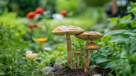 This captivating close-up image showcases freshly grown mushrooms emerging from rich soil, surrounded by vibrant green plants and colorful blooms, symbolizing natural beauty.の素材