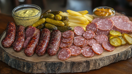 A beautifully arranged charcuterie board showcases a variety of sausages, salami, pickles, mustard, and crispy french fries, perfect for gatherings.の素材