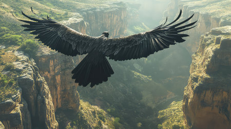 A magnificent bird soars gracefully above a stunning canyon landscape, showcasing its impressive wingspan as sunlight filters through the atmosphere.の素材