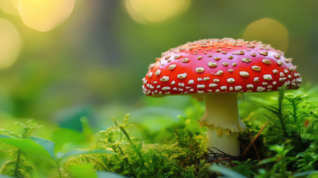 A striking red mushroom adorned with white spots stands prominently amidst lush green foliage, illuminated by gentle morning sunlight.の素材