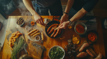 Aerial view of hands skillfully preparing sausages with fresh ingredients in a warm, inviting kitchen. A vibrant food scene showcasing a mix of herbs, spices, and culinary delights that celebrate the joy of cooking and togetherness.の素材