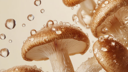 This captivating image showcases fresh mushrooms adorned with glistening water drops, emphasizing their natural beauty and freshness, perfect for food and nature themes.の素材