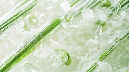 Close-up view of fresh green grass stalks surrounded by tiny water droplets and ice crystals, showcasing the beauty of nature and refreshing vitality.の素材