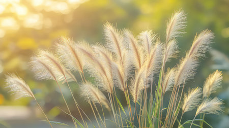 A serene image of soft golden grass plumes gently illuminated by warm sunlight, creating a tranquil atmosphere in a lush garden setting during dusk or dawn.の素材
