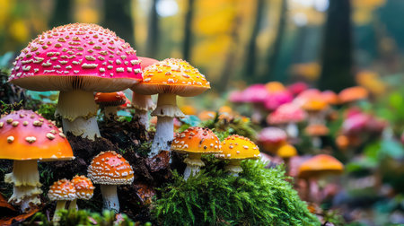 This captivating image showcases a cluster of colorful mushrooms thriving in a lush forest during the autumn season, highlighting their vibrant caps and intricate details. The scene is a stunning representation of natureの素材