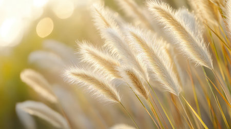 This vibrant image captures soft golden grasses swaying gently in the sunlight, enhancing the serene beauty of nature with a dreamy bokeh effect.の素材