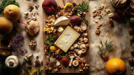 An exquisite arrangement of fresh fruits, nuts, and cheese displayed on a wooden board, showcasing vibrant colors and textures perfect for culinary inspiration.の素材