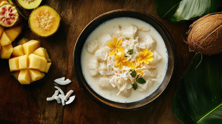 A visually appealing tropical dessert featuring tender dumplings in coconut milk, garnished with colorful flowers, fresh fruit, and coconut flakes.の素材