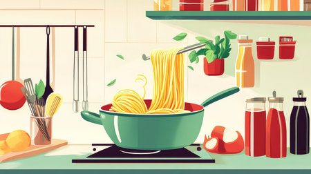 A colorful kitchen scene showcasing boiling pasta in a vibrant pot, accented by fresh herbs and neatly arranged utensils, evoking culinary creativity.の素材