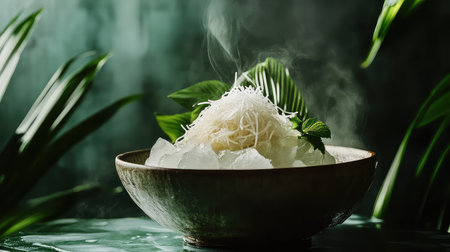 This captivating image showcases a beautifully arranged bowl of aromatic rice topped with fresh herbs and vegetables, presented on a bed of ice, evoking a sense of freshness and tranquility.の素材