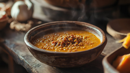 This inviting bowl of lentil soup showcases a warm, hearty dish filled with rich colors and textures, perfect for a cozy meal at home.の素材