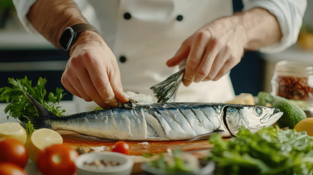 A chef's hands skillfully prepare a fresh fish on a wooden cutting board, surrounded by vibrant ingredients. This image embodies the art of cooking and healthy eating.の素材