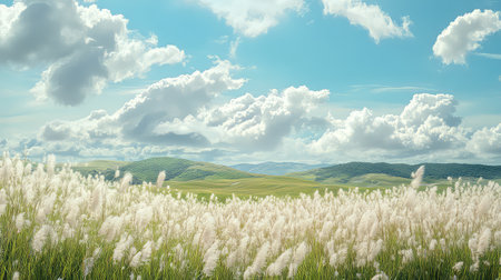This image showcases a tranquil landscape featuring soft white grass under a bright blue sky adorned with fluffy clouds and rolling green hills, perfect for creating a serene atmosphere.の素材