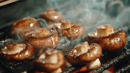 Smoky grilled mushrooms sizzling on the barbecue offer a delicious and healthy option for summer meals. Perfect for outdoor cooking, these vibrant ingredients enhance flavor and delight any palate. Enjoy the aroma and texture of perfectly cooked mushrooms.の素材