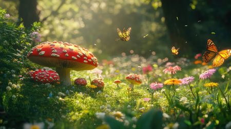 A magical forest scene features bright red mushrooms adorned with white spots, surrounded by colorful flowers and butterflies. Soft sunlight enhances the tranquil atmosphere.の素材