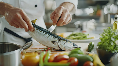 A chef skillfully prepares fresh fish on a wooden cutting board surrounded by colorful vegetables and herbs, epitomizing culinary craftsmanship and freshness.の素材