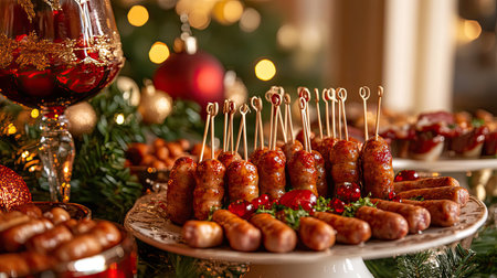 A beautiful spread of festive appetizers featuring sausages garnished with fresh herbs, surrounded by sparkling holiday decorations and warm lights.の素材