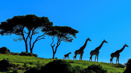 A stunning silhouette of a herd of giraffes walking across a green landscape, complemented by a bright blue sky and scattered trees. The scene captures the essence of wildlife in a peaceful environment, showcasing the beauty and grace of these majestic creatures in their natural habitat.の素材
