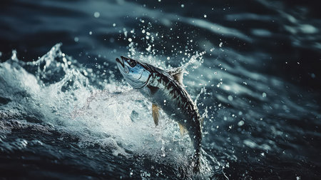 A captivating scene of a fish leaping from the deep water, creating a dramatic splash with water droplets shimmering in natural light, showcasing aquatic energy.の素材