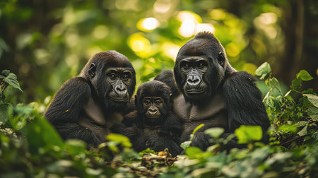 A captivating scene featuring a family of gorillas in a lush green forest, showcasing the beauty of wildlife and the importance of nature preservation.の素材