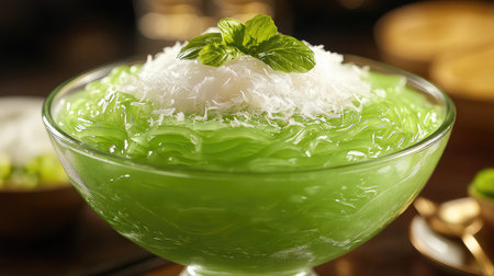 This visually appealing green jelly dessert is topped with fluffy coconut flakes and fresh mint leaves, perfect for any celebration or gathering.の素材