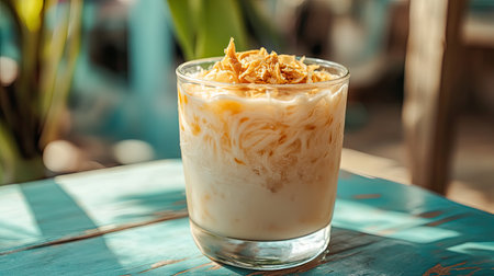 A delightful dessert featuring creamy noodles topped with a crunchy layer, served in a clear glass on a colorful wooden table, perfect for any occasion.の素材