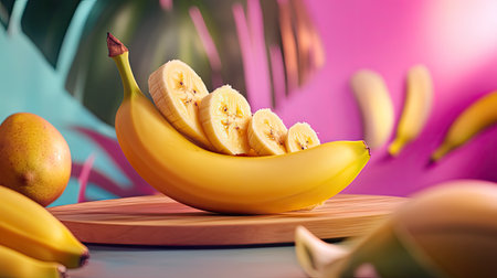 A vibrant composition featuring fresh bananas with sliced pieces on a wooden board, set against a colorful tropical background, perfect for food enthusiasts.の素材