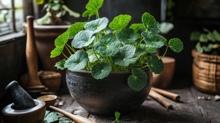 A vibrant, green plant with fresh leaves sits in a rustic bowl on a wooden table. Surrounding elements create a warm, natural kitchen atmosphere.の素材