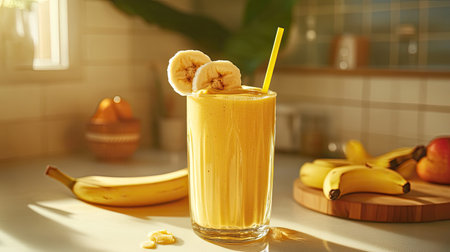 This image features a vibrant banana smoothie served in a tall glass adorned with fresh banana slices, brightening up a kitchen scene.の素材