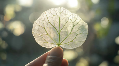 A stunning close-up of a delicate translucent leaf is held against soft sunlight, showcasing intricate veining and creating a serene natural aesthetic.の素材