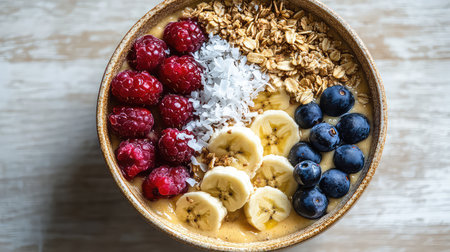 Indulge in a vibrant and nutritious smoothie bowl featuring fresh fruits like raspberries, bananas, and blueberries, garnished with oats and coconut.の素材