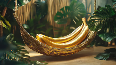 This image showcases golden bananas resting in a natural hammock, surrounded by lush tropical foliage. The bright environment creates a serene and vibrant atmosphere, perfect for showcasing luxury and organic beauty.の素材