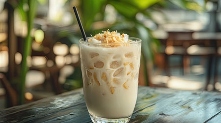 A delicious coconut drink served over ice, garnished with toppings, captures the essence of tropical refreshment in a modern cafe setting.の素材