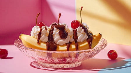 A delightful banana sundae topped with creamy whipped cream, rich chocolate syrup, and cherries, set against a vibrant pastel background.の素材