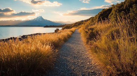 A stunning pathway leads through golden grasses by a serene lake, with majestic mountains rising in the distance under a beautiful sunset sky.の素材