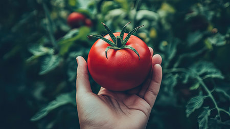 A vibrant, fresh red tomato held in a hand amidst lush green plants in a garden, showcasing the beauty of nature and the joy of harvesting.の素材