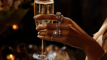 A beautifully manicured hand gracefully holds a champagne glass, featuring stunning rings that reflect light. The elegant scene captures the essence of celebration and sophistication.の素材