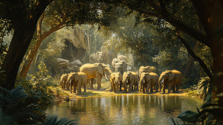 A remarkable scene of elephants gathering near a tranquil water body in a lush jungle, showcasing the beauty of wildlife and nature in harmony.の素材