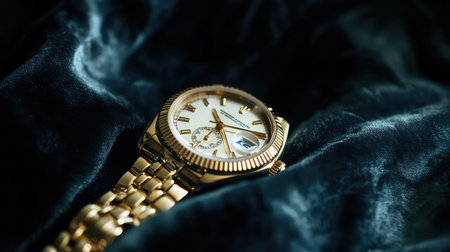 This elegant gold watch, with its detailed craftsmanship and luxurious design, is displayed atop rich dark fabric, showcasing timeless style and sophistication.の素材