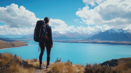 An adventurous individual stands at a scenic overlook, marveling at a breathtaking view of majestic mountains and a tranquil blue lake under a vibrant sky.の素材