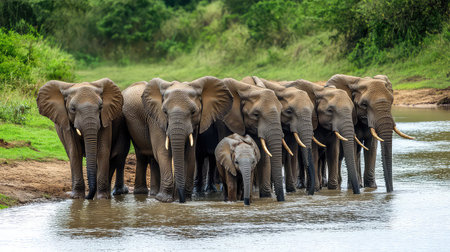 A captivating scene of a herd of elephants congregating at a serene waterhole, showcasing family bonds in a vibrant natural habitat.の素材
