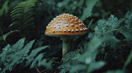 Explore a stunning mushroom nestled among lush green ferns in a serene forest. This image captures nature's beauty with vibrant colors and intricate textures.の素材