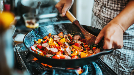 A vibrant scene of a home chef cooking a delicious stir-fry with colorful vegetables and sausage in a cast iron skillet over an active stove.の素材