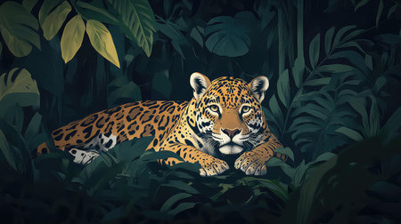 A beautiful illustration of a leopard resting in a dense jungle, surrounded by vibrant greenery and foliage, showcasing its elegance and natural beauty.の素材