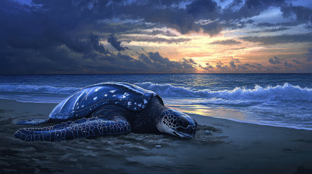 A stunning image of a sea turtle resting on the beach during sunset, with vibrant clouds and gentle waves creating a serene atmosphere.の素材