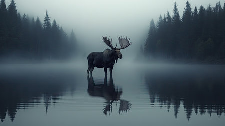 A majestic moose stands in a foggy lake, surrounded by dense forest. The serene setting captures the beauty of wildlife and nature reflections at dawn.の素材