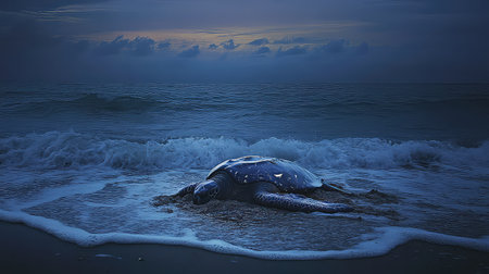 A striking photograph depicting a sea turtle resting on the shoreline at dusk, surrounded by gentle waves and soft clouds. The serene coastal scene captures the beauty of marine life in a tranquil environment.の素材