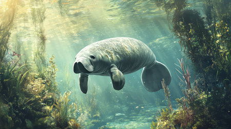 A serene depiction of a manatee leisurely swimming through a vibrant underwater ecosystem, surrounded by lush aquatic plants and beams of sunlight filtering through clear waters.の素材